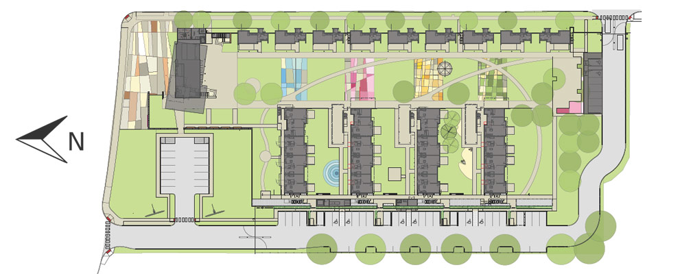 Rendered site plan of the Paisano Green Community showing buildings and open spaces.