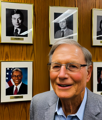 Michael Moskow standing under his photo in HUD headquarters room 8202.